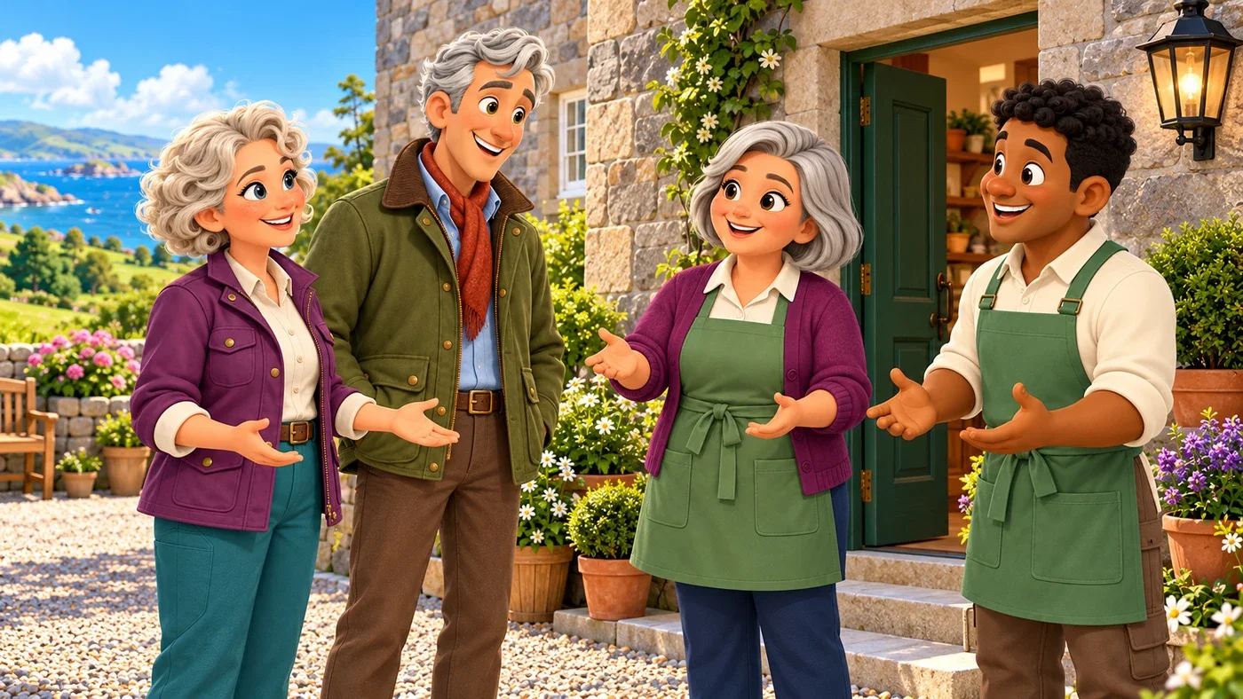 Cecily, Hugo, May and Thomas chat outside the castle.