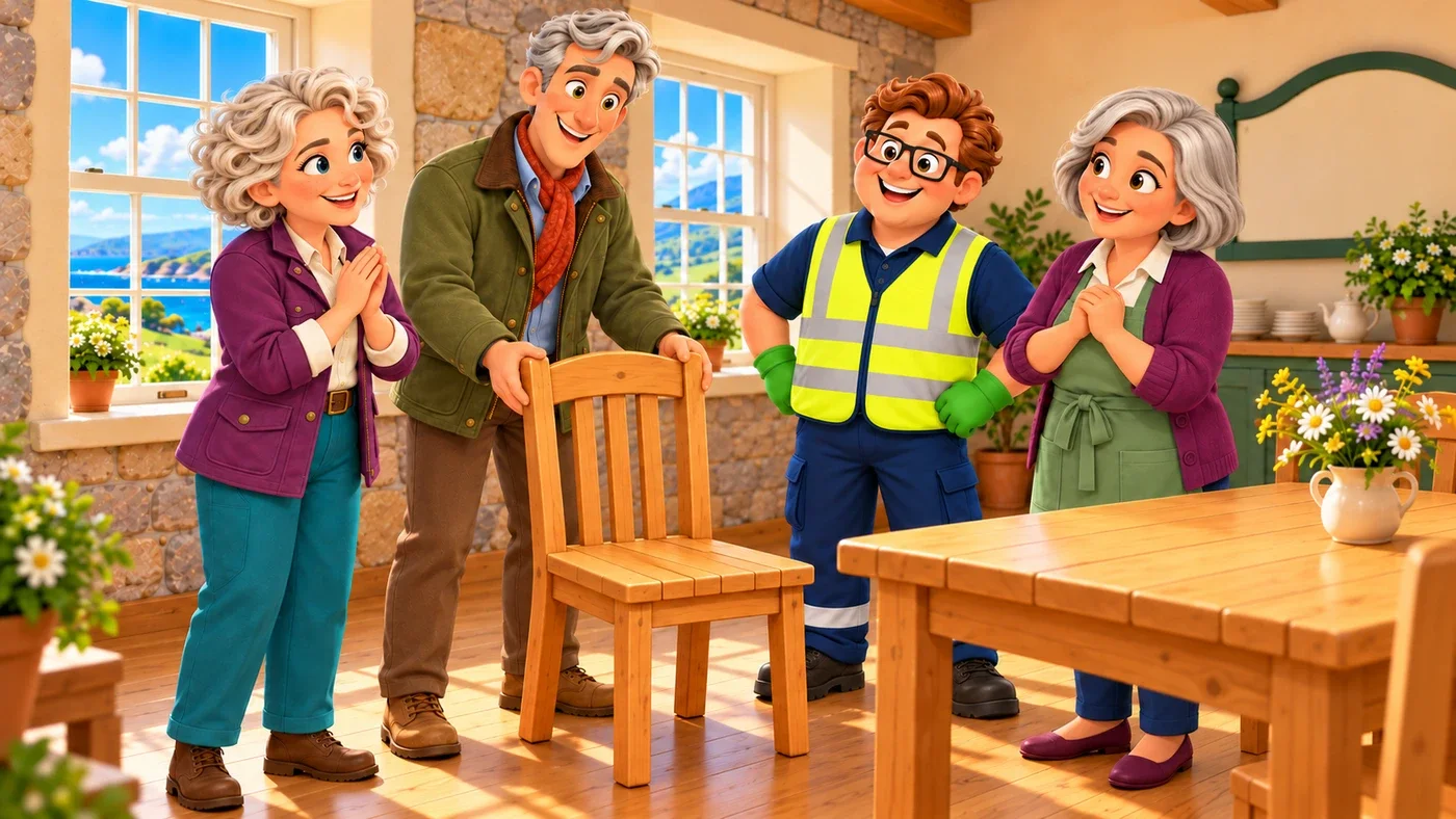 Cecily, Hugo, Eddie and May beside a mended chair and table.