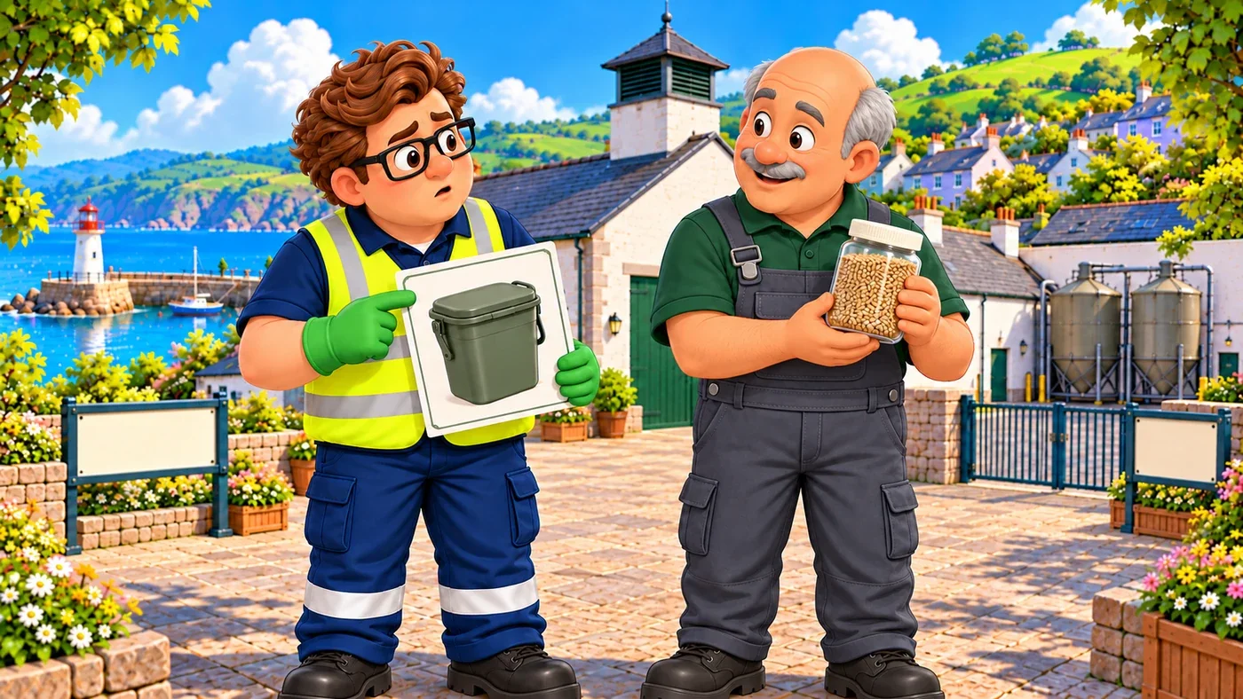 Eddie holds a picture of a closed kitchen caddy and looks at Dougal, who holds the sealed grain jar well away from it.