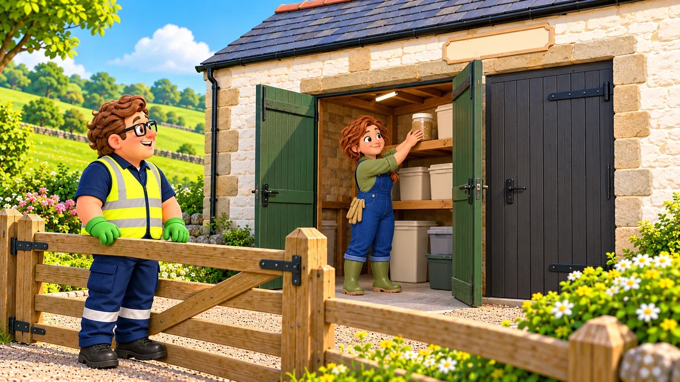 At a stone farm building, Fiona puts the sealed jar on a high shelf beside closed feed containers while Eddie watches from behind a low wooden gate.