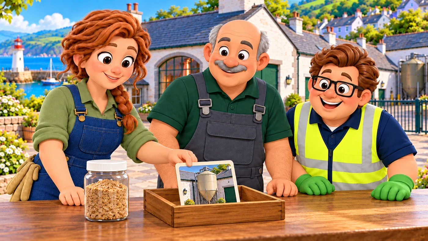 Back at the distillery, Fiona slides one grain picture card into one wooden tray holding a picture of a farm feed store, while Dougal and Eddie watch.