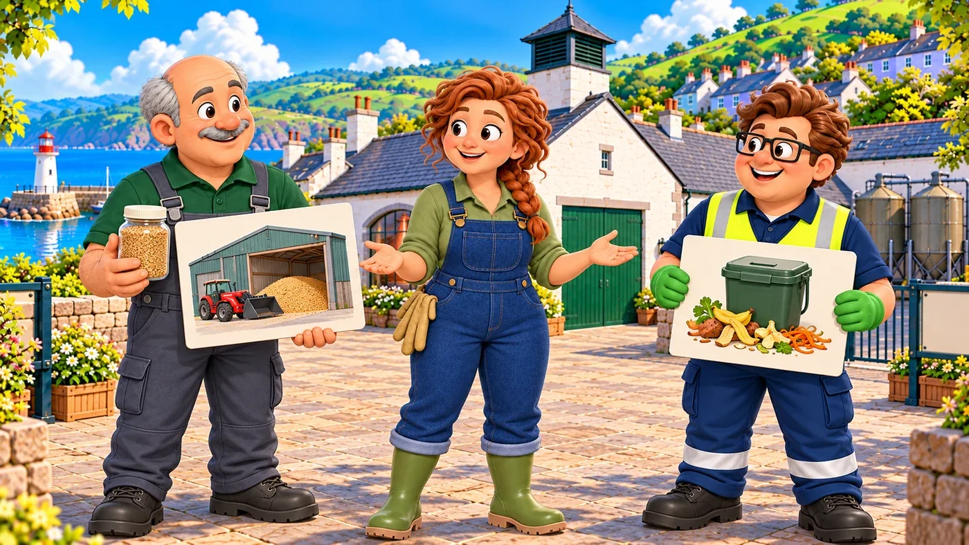 Dougal holds the sealed grain jar near a feed store picture, Eddie holds his kitchen caddy picture on the other side, and Fiona stands between them explaining.