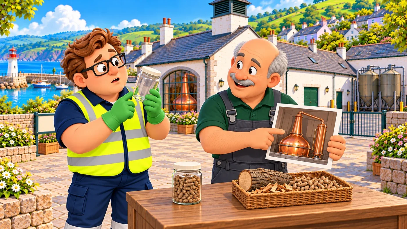 Eddie holds an empty glass jar and looks at Dougal’s picture of a closed boiler, while Dougal explains with his hands and the pellet jar sits on the counter.