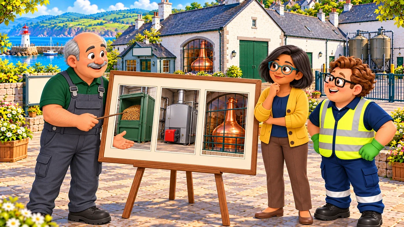 Dougal uses a pointer on three framed pictures, a pellet container, a closed heating machine and a copper still, while Isla and Eddie listen.