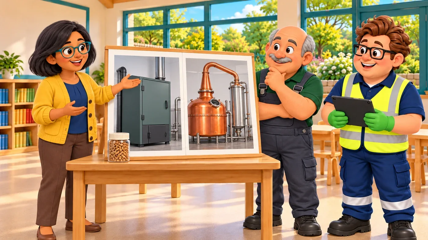 In a classroom, Isla shows pictures of a closed boiler and a copper still to Dougal, and Eddie holds a closed tablet.