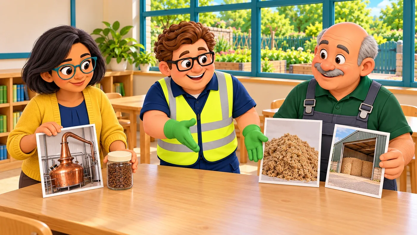 On a classroom counter, Isla keeps a still picture and the pellet jar on one side, while across a gap Dougal holds a grain picture and a feed store picture, and Eddie points between them.