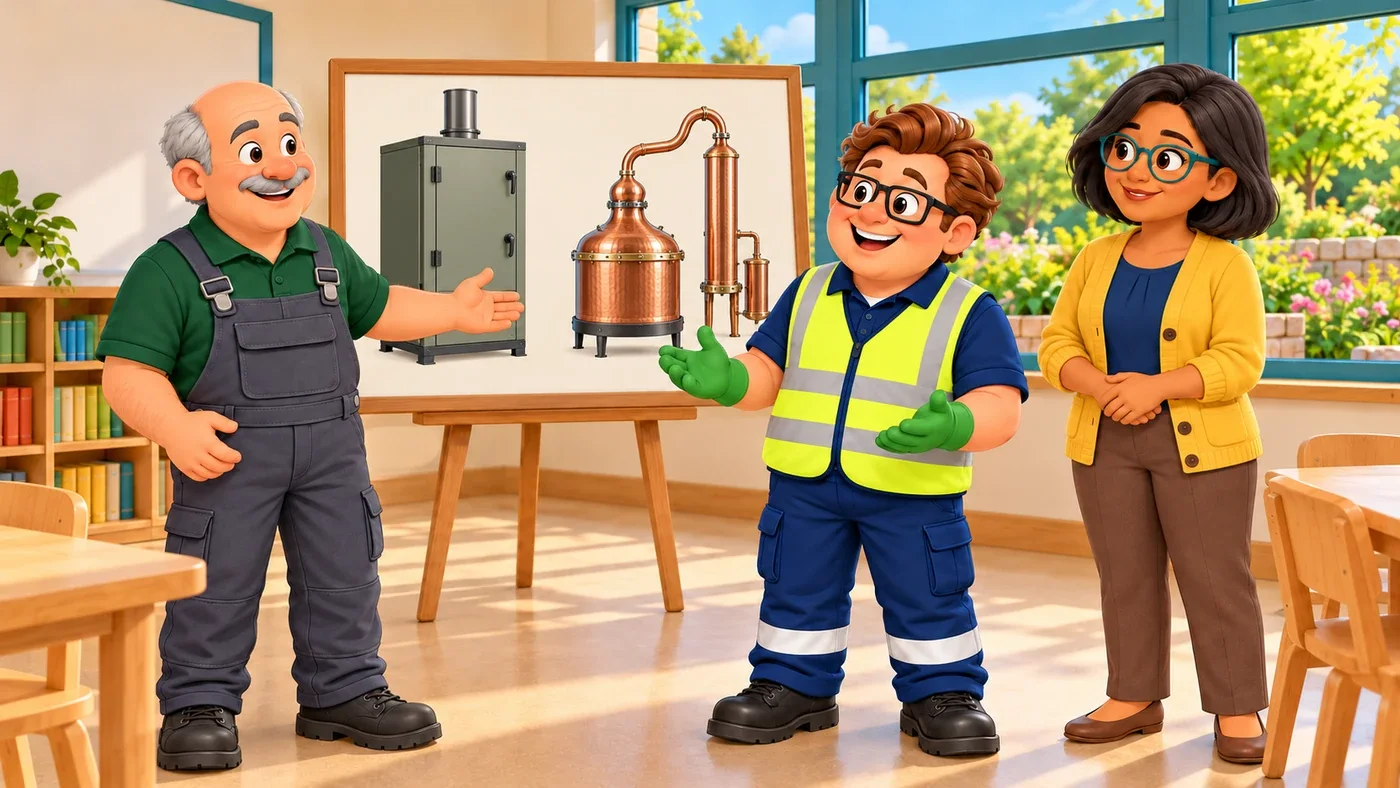 Dougal and Isla stand beside a framed picture of a closed boiler and a still, with Eddie between them making an open, understanding gesture.