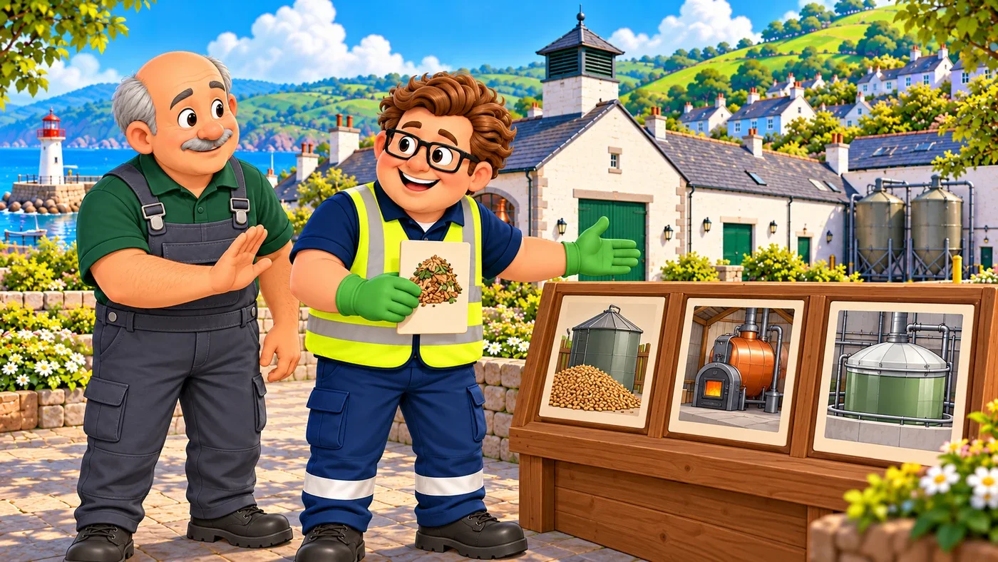 Eddie holds one grain card between three small pictures, a feed store, a boiler and an algae tank, waving at all three, while Dougal gently stops him with an open hand.