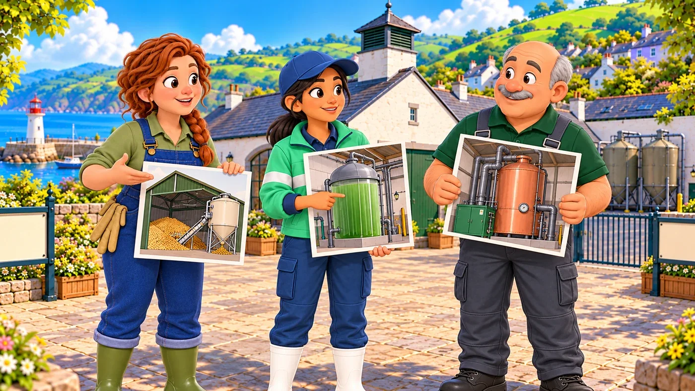 Fiona explains a picture of a feed store, Leena holds a picture of a closed algae tank, and Dougal holds a picture of a closed boiler.