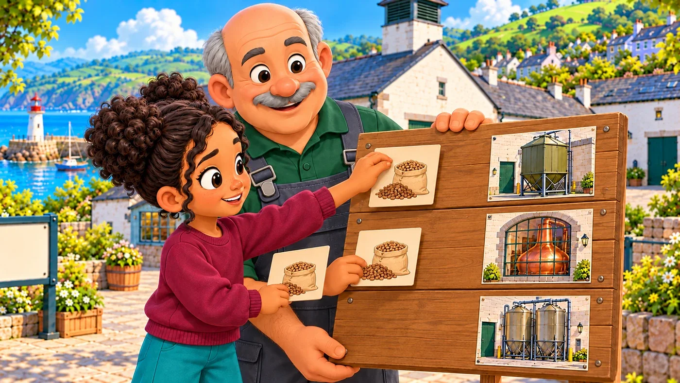 Zara, standing next to Dougal, places three separate grain cards in three rows on the board, each row ending in a different picture.