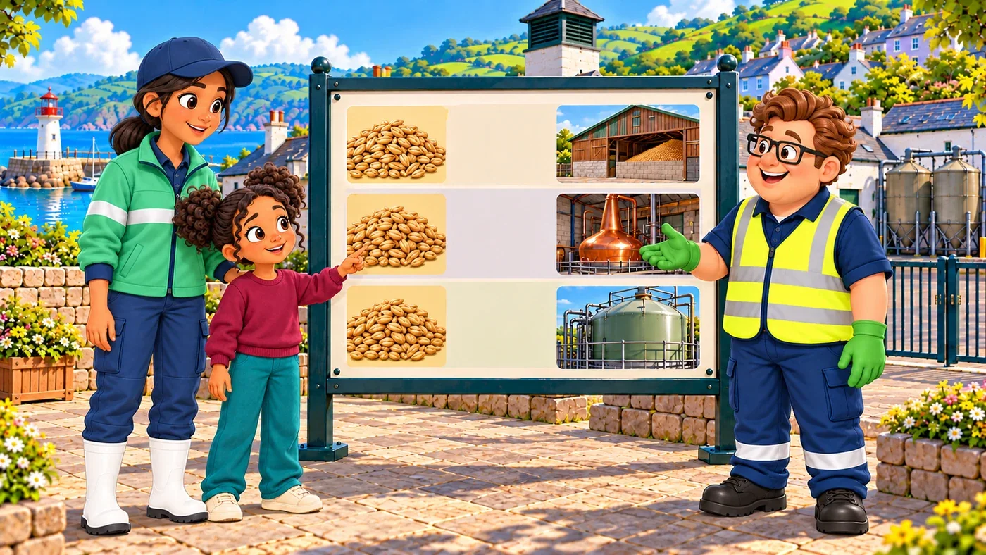 Leena and Zara stand by the finished board, with Eddie on the other side; each of its three rows pairs one grain card with one place: feed store, boiler or algae tank.