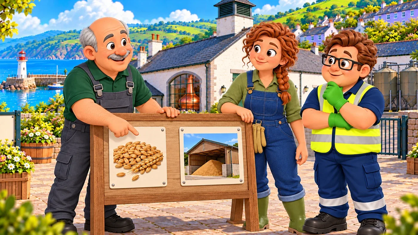 Dougal points to one row on the board with one grain card and one feed store picture, while Fiona listens and Eddie nods.