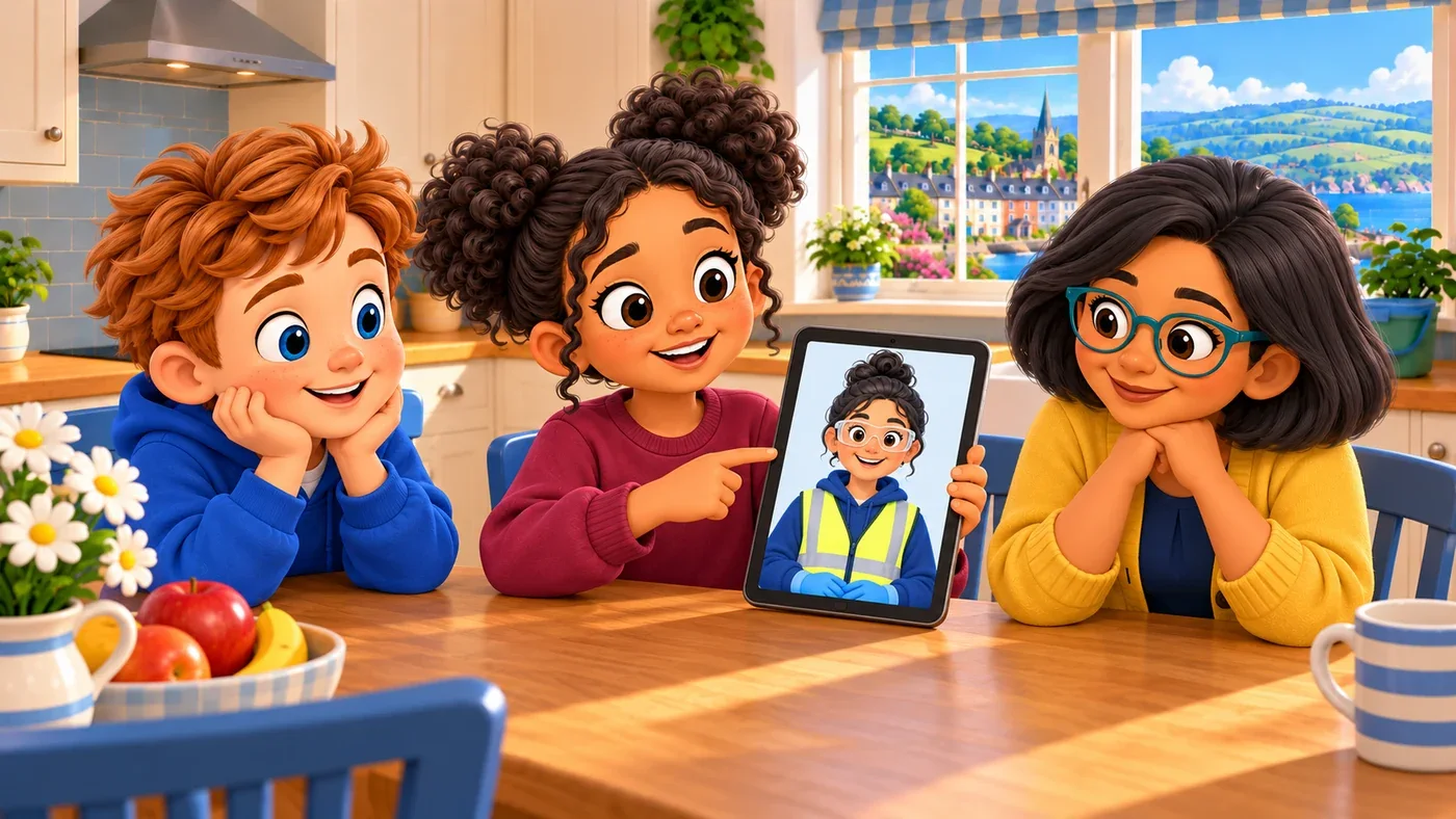 The children look at a picture of Priya on a tablet.