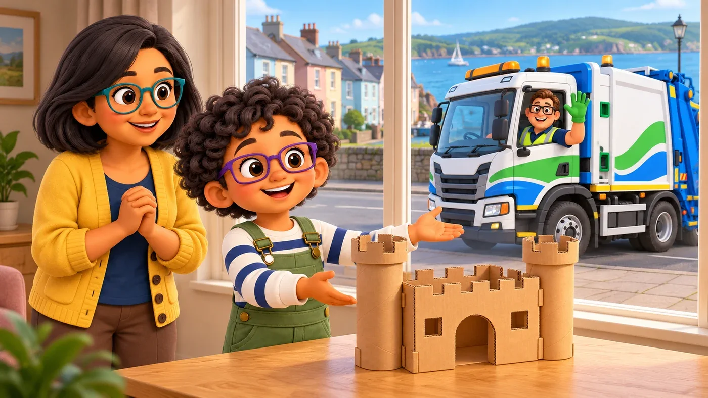 Rowan shows his cardboard castle at the window as the lorry passes.