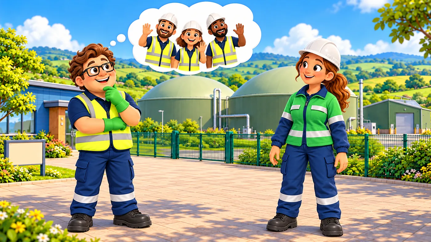 Eddie imagines tiny workers in hi-vis in a thought bubble while Amina listens outside the bio plant.