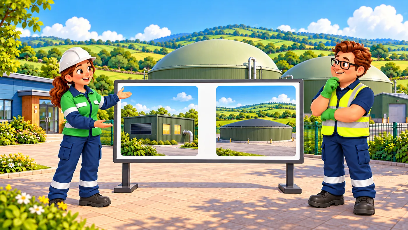 Amina shows Eddie two pictures side by side: a building that makes energy, and a low covered store for fertiliser.