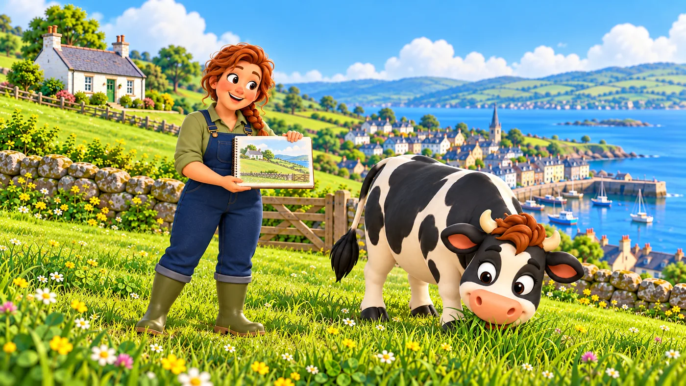 Fiona holds up a picture of the field from earlier while Hamish grazes the long grass above Gullbrae.