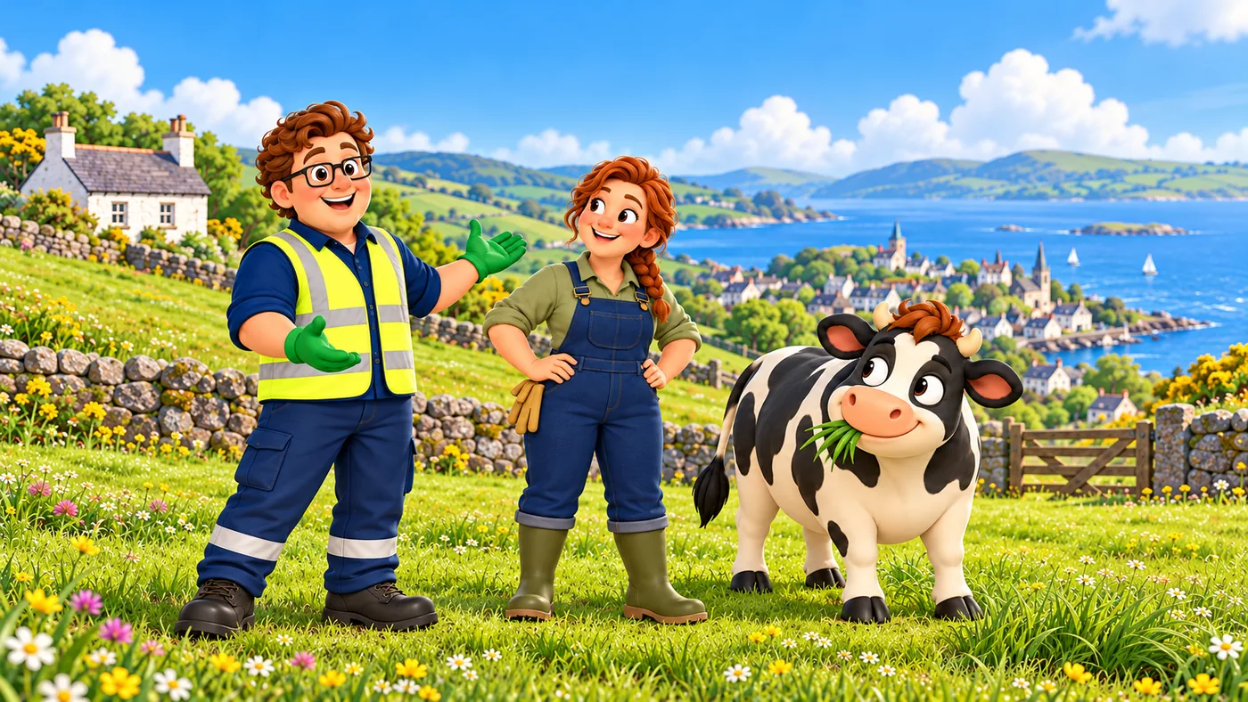 Eddie and Fiona smile beside Hamish, who is chewing grass, with the town and harbour below.