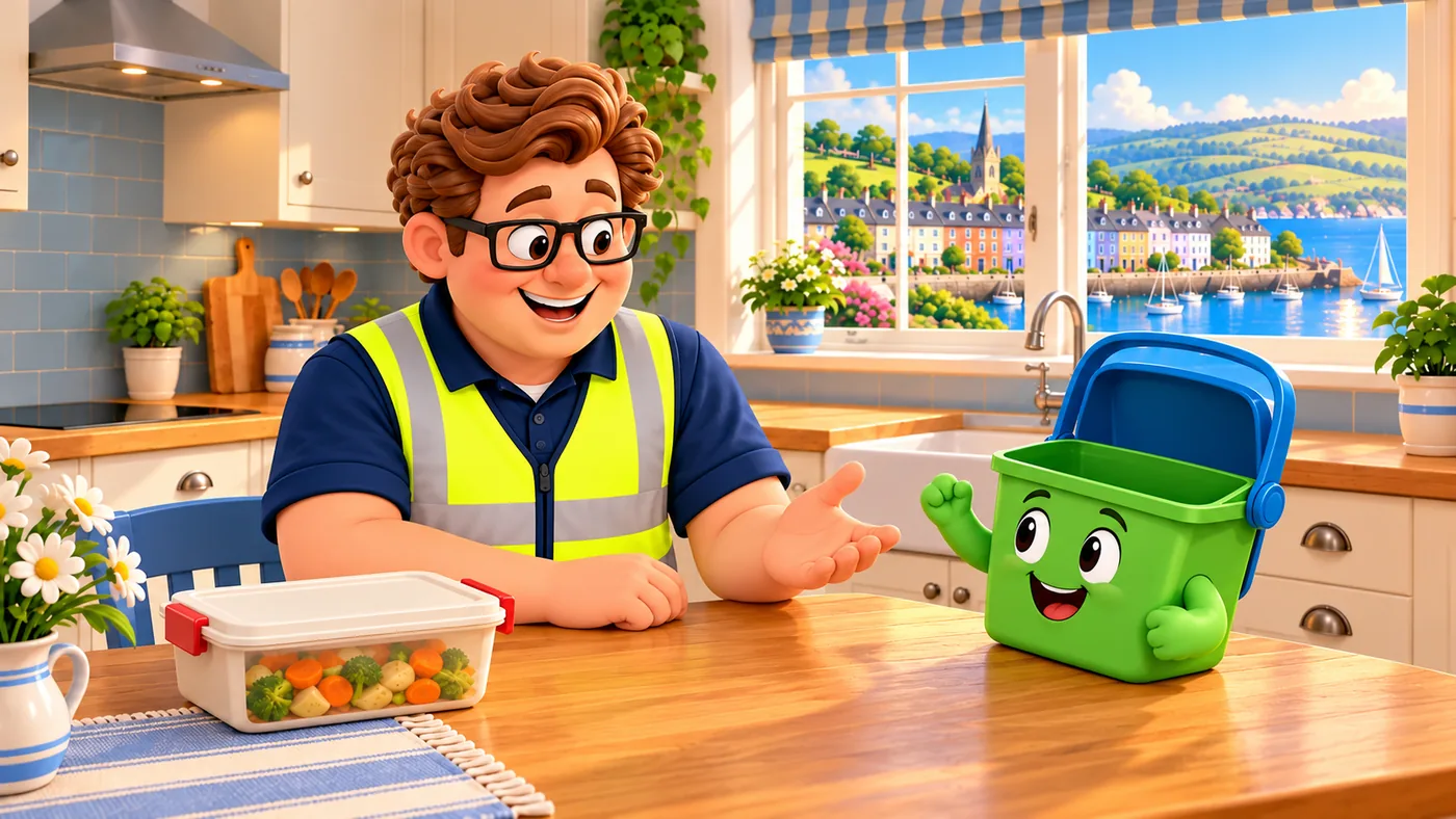 Back in the kitchen, Eddie tells a delighted Wee Bin what the scraps help make. A closed tub of saved vegetables sits separately on the table.