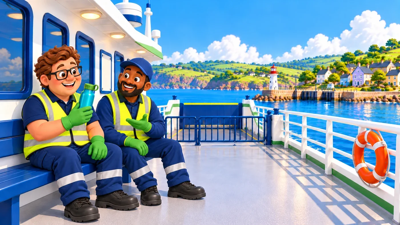 Eddie and Malik sit on the ferry deck, Eddie holding his bottle.