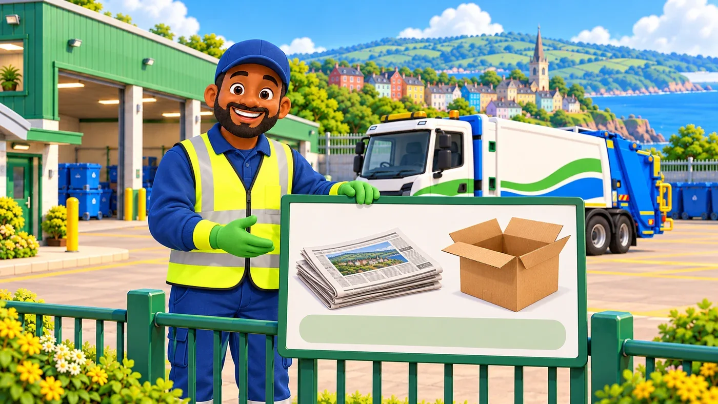 Malik at the depot beside a lorry and a board with paper and card pictures.