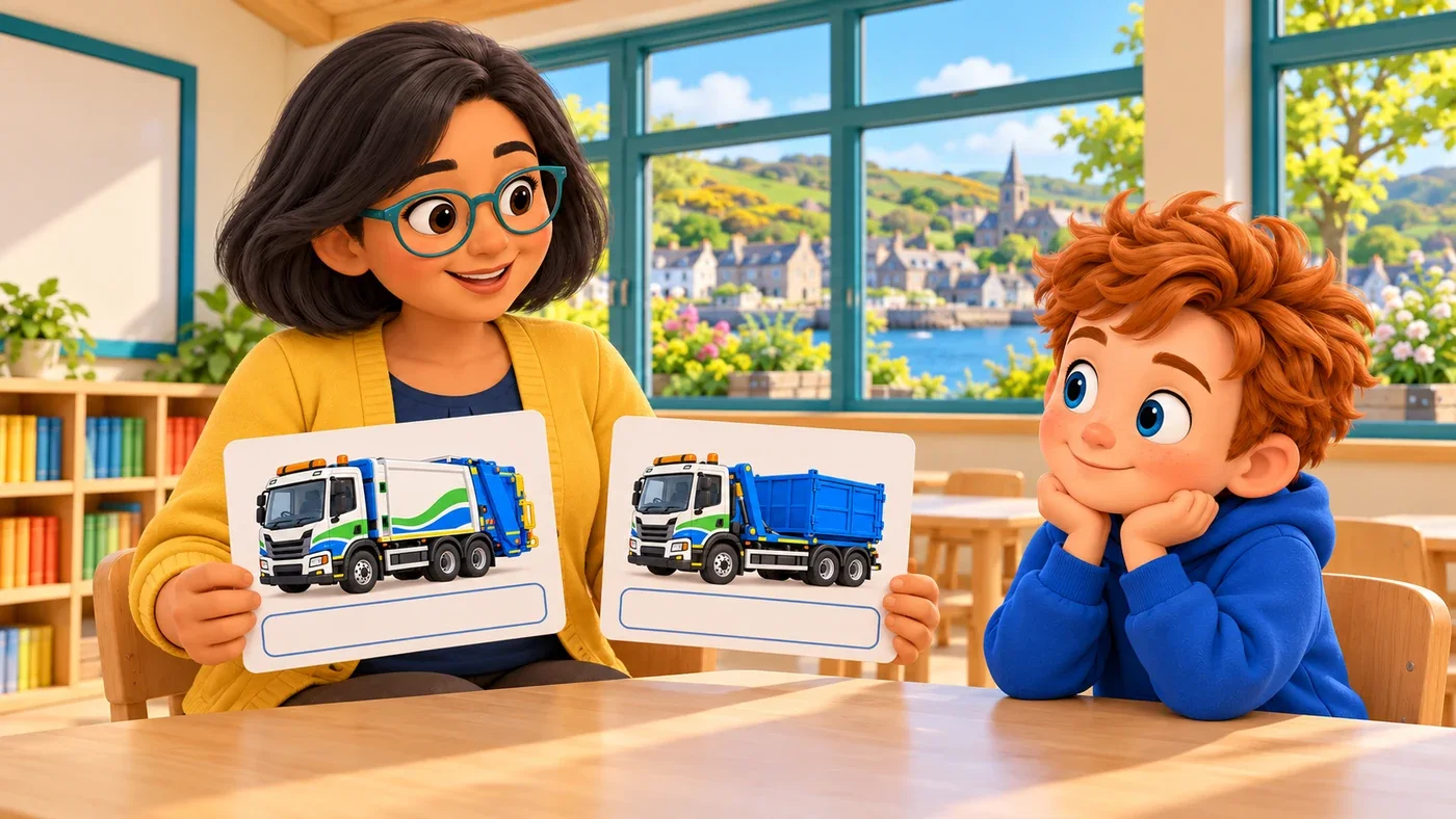 Isla holds up two pictures of different lorries in class.
