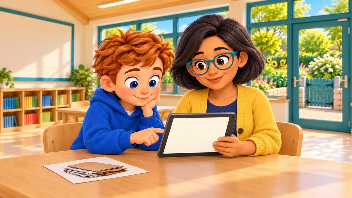 Euan and Isla look at a tablet together.