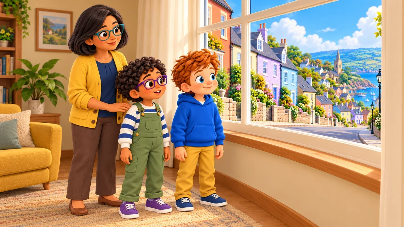 A grown-up stands with Rowan and Euan at the window.