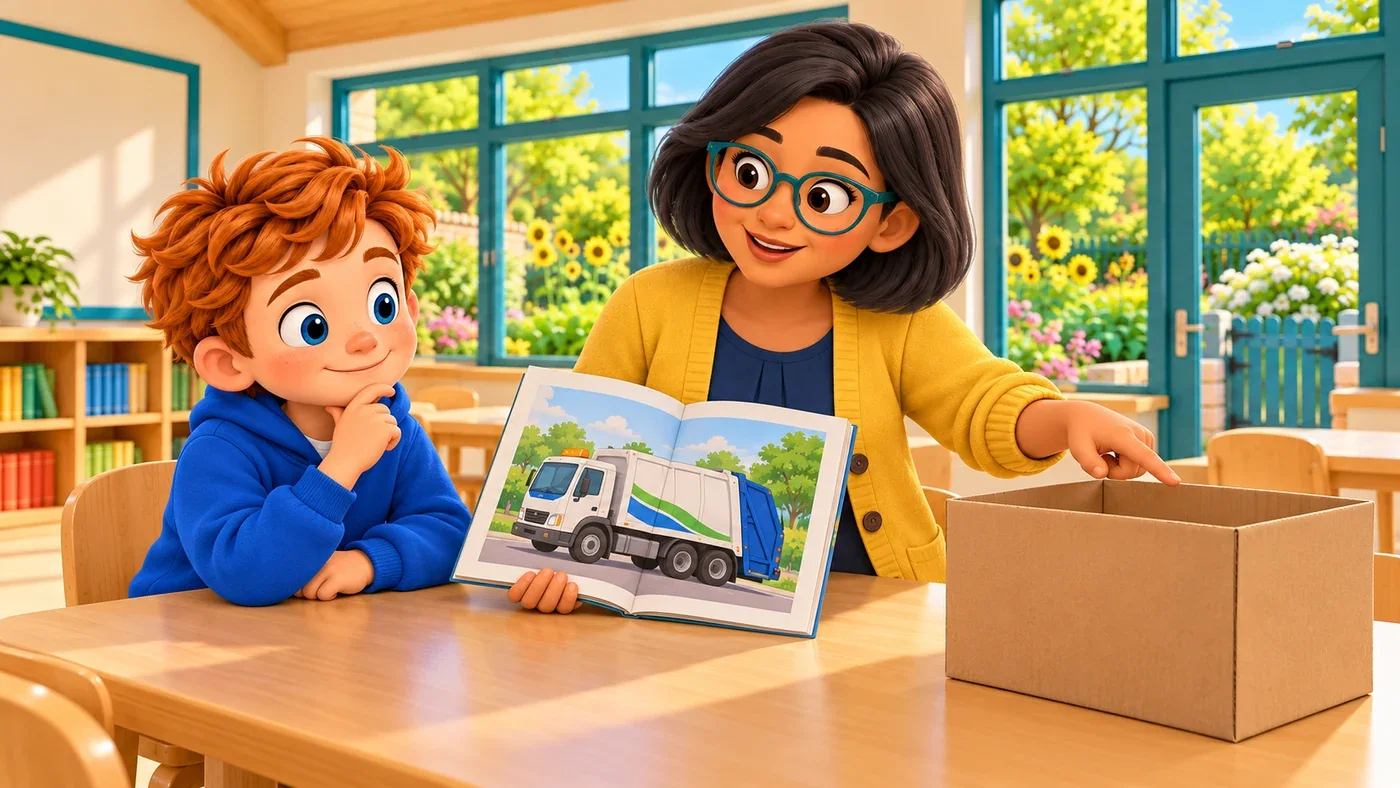 Euan looks at a lorry picture while Isla brings a clean box.