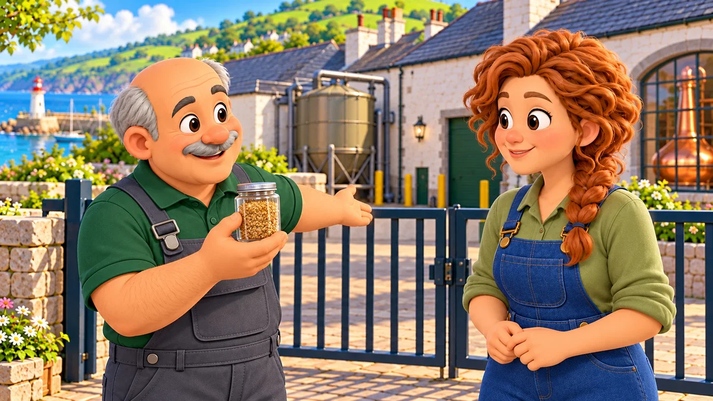 Dougal shows Fiona a sealed sample of grain outside the closed distillery yard.