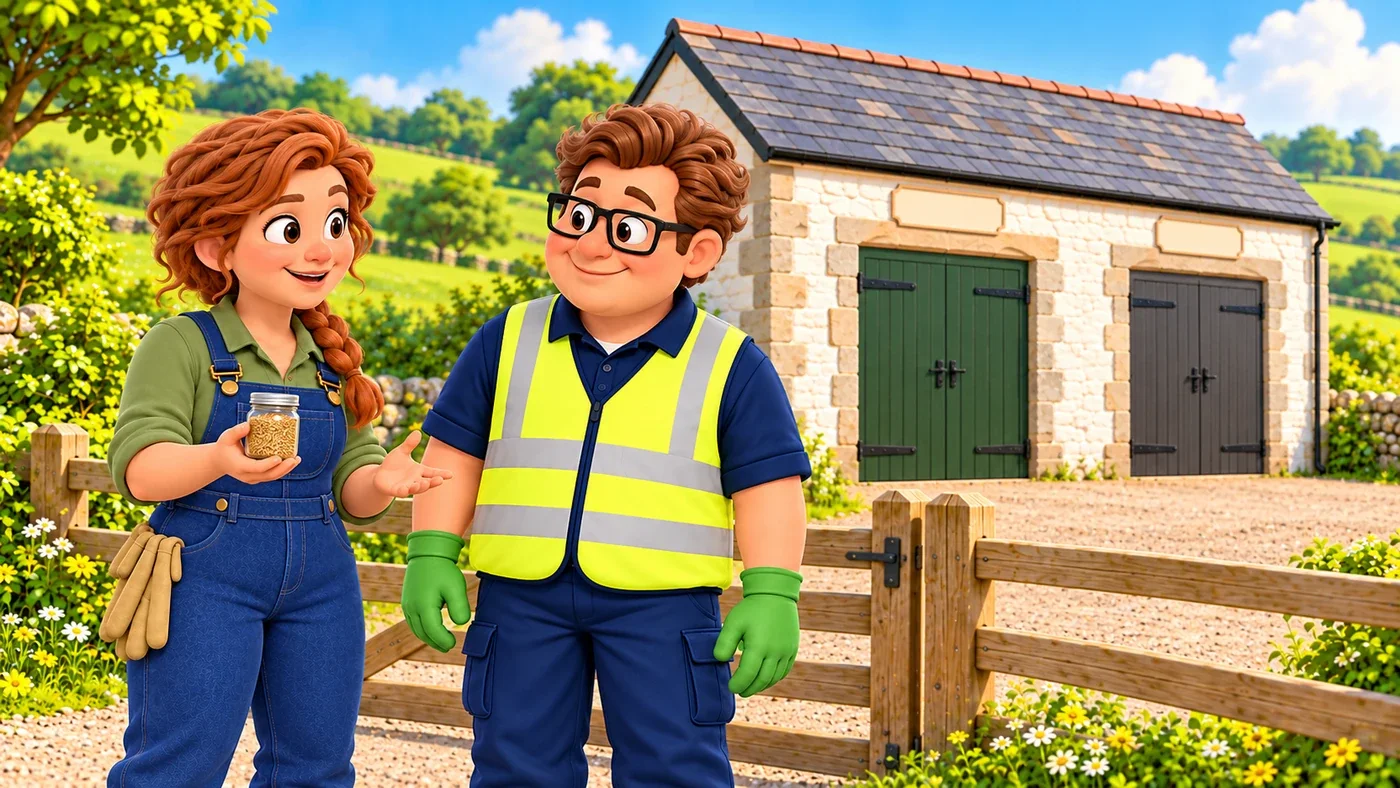 At the farm, Fiona explains a sealed sample to Eddie outside a row of separate closed storage compartments.