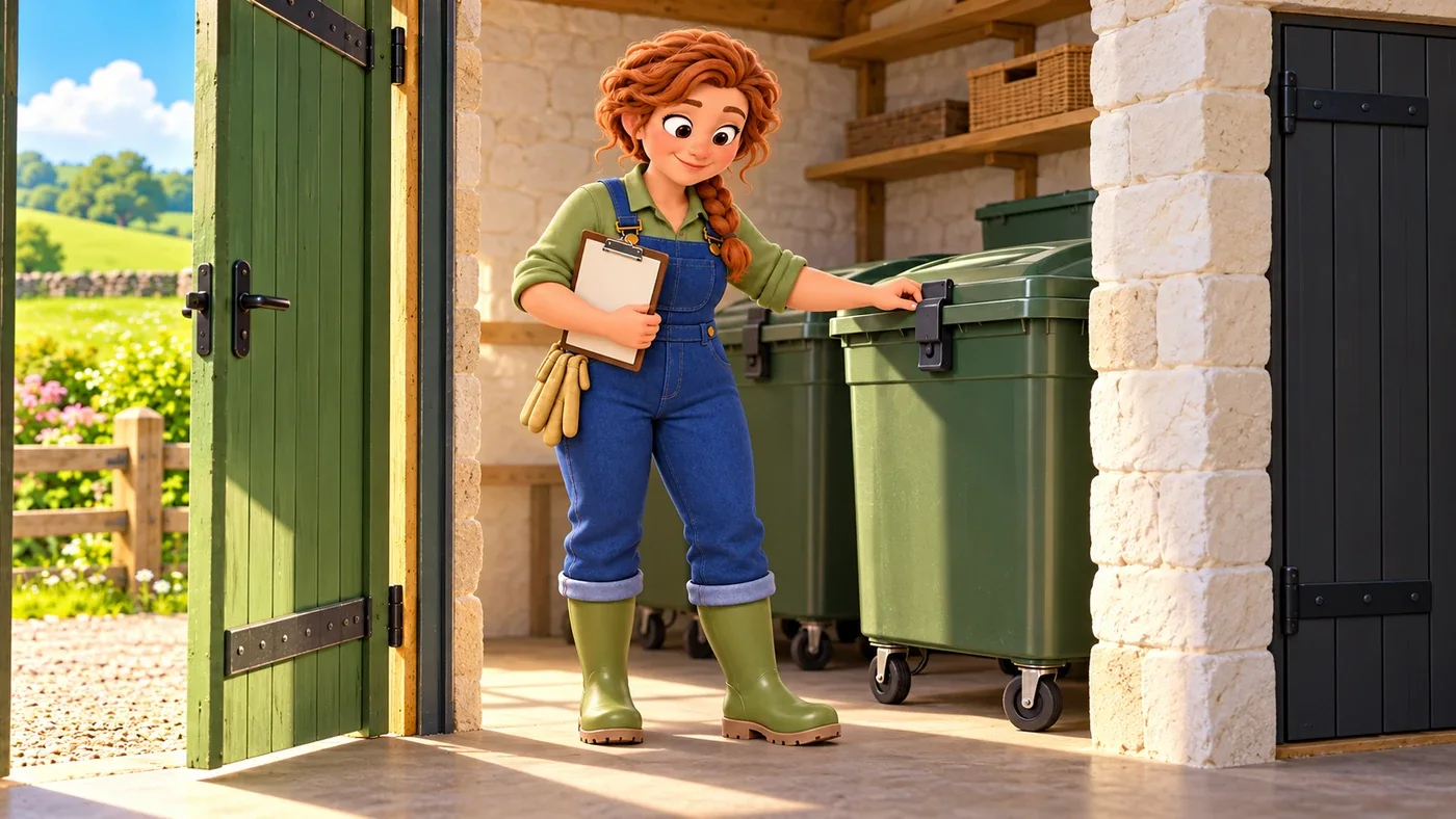 Inside the farm’s feed store, Fiona checks that the latch on a closed feed bin is shut tight.