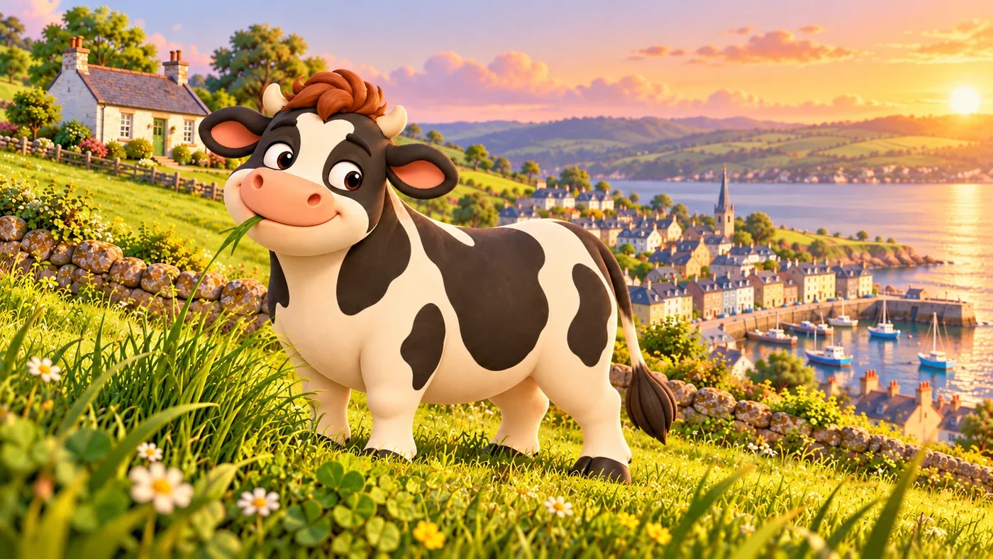 Hamish the cow chews grass in a field on his own.