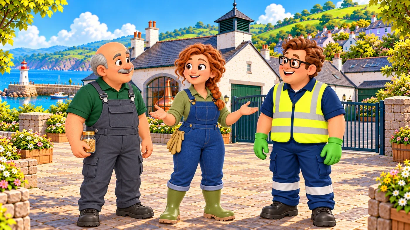 Fiona talks with Dougal and Eddie outside the closed distillery yard.