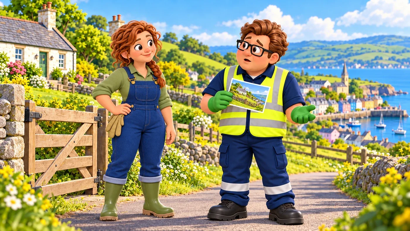 At the farm, Eddie holds a field picture and asks Fiona a question, with nothing offered to eat.