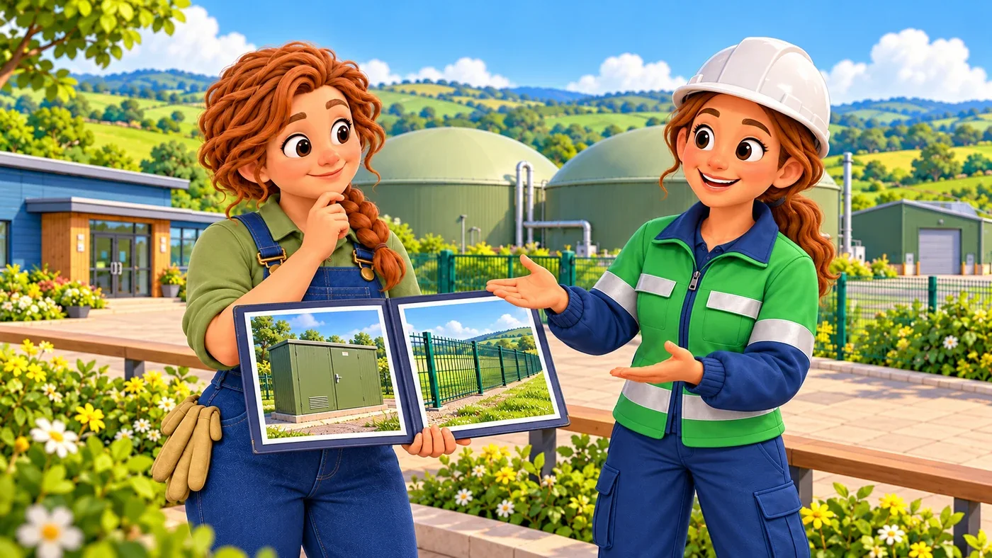 On the bio plant visitor terrace, Amina explains separate output pictures to Fiona.