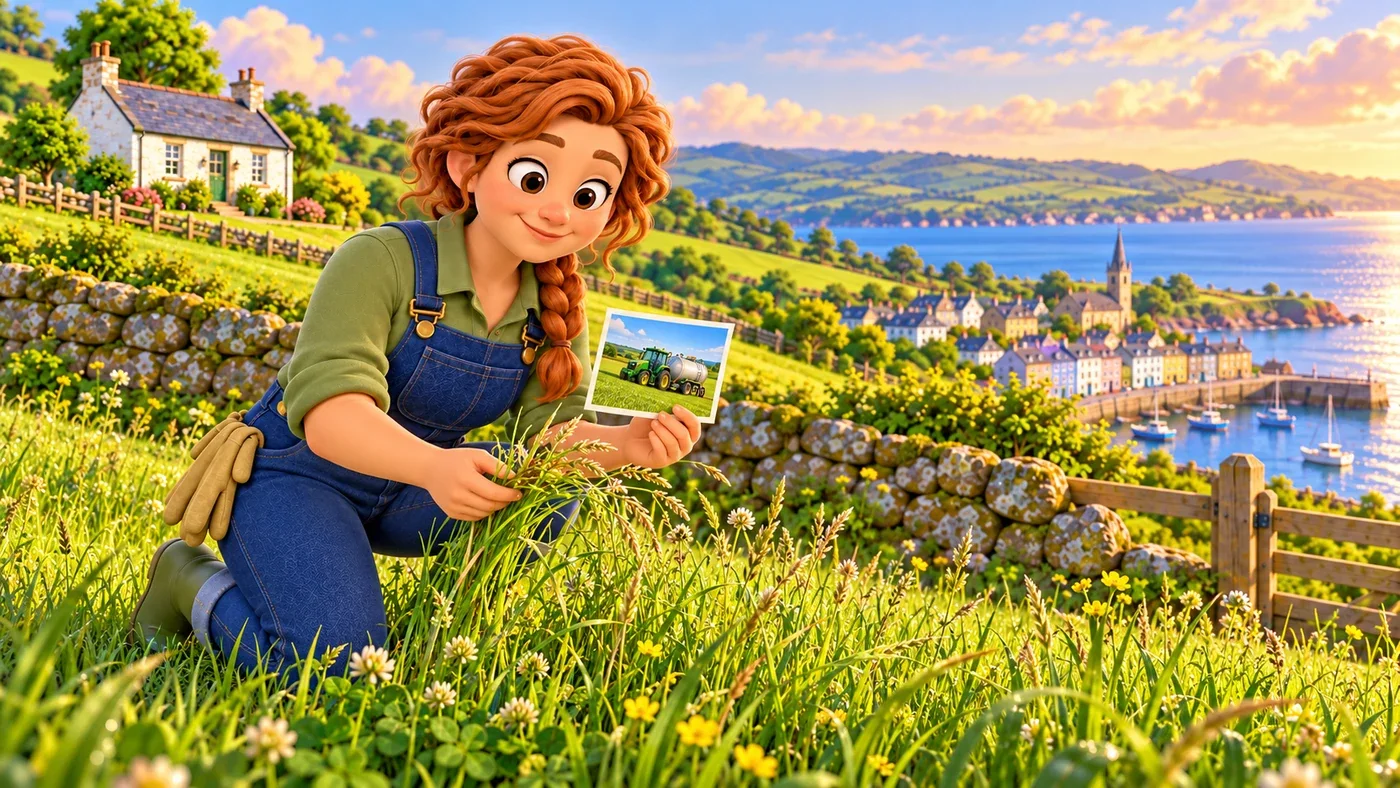 Fiona looks at tall grass, holding a small photo of earlier professional work on the field.