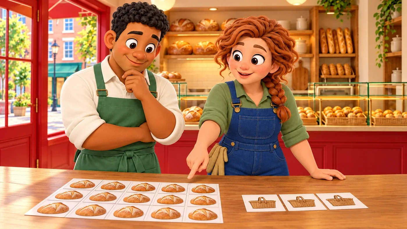 Thomas looks at a long row of bread picture cards next to a much shorter row of shopping basket cards, while Fiona points at the difference.