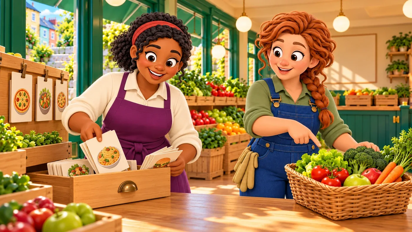 In the greengrocer’s, Mairi takes extra food picture cards off a wooden rail and puts them in a drawer, while Fiona points to a smaller basket of whole fruit and veg.