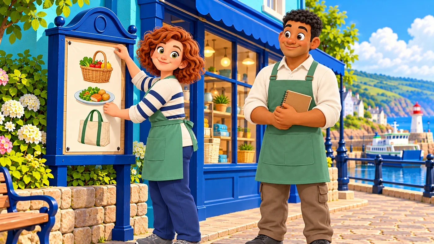 Outside the island shop, Ailsa pins up a picture notice showing a small basket, a plate with a sensible portion and a reusable bag, while Thomas stands beside her.
