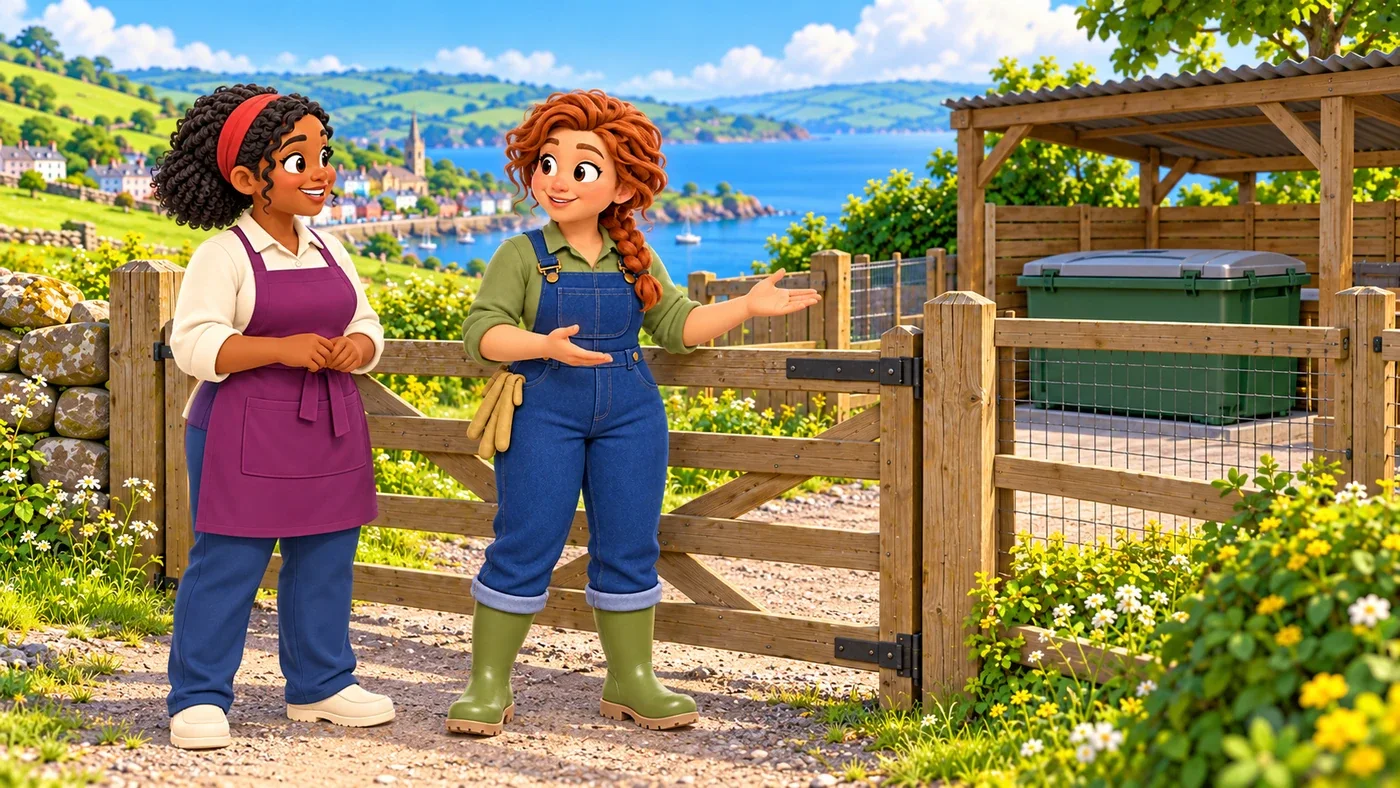 At a closed farm gate, Fiona talks to Mairi; behind a separate fence, one small closed container sits in a tidy covered bay.