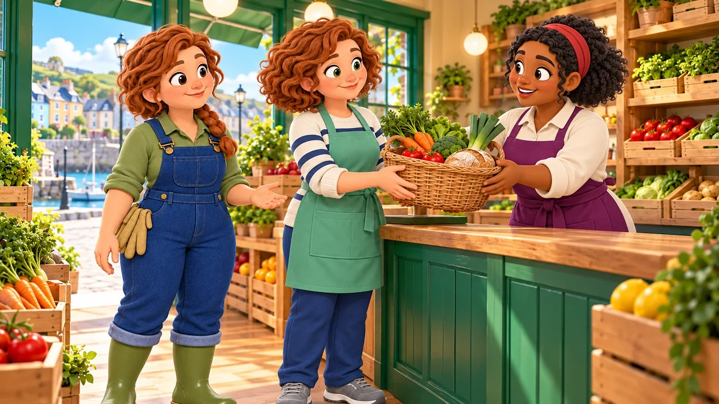 At the greengrocer’s counter, Mairi passes a basket with a loaf and whole vegetables to Ailsa while Fiona stands beside them.