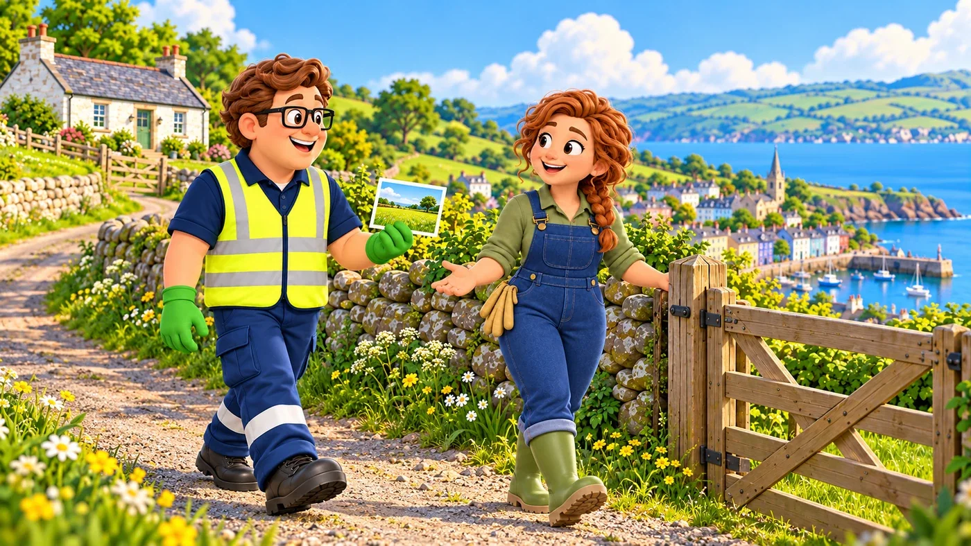 Eddie carries a field picture along the public lane to Fiona.