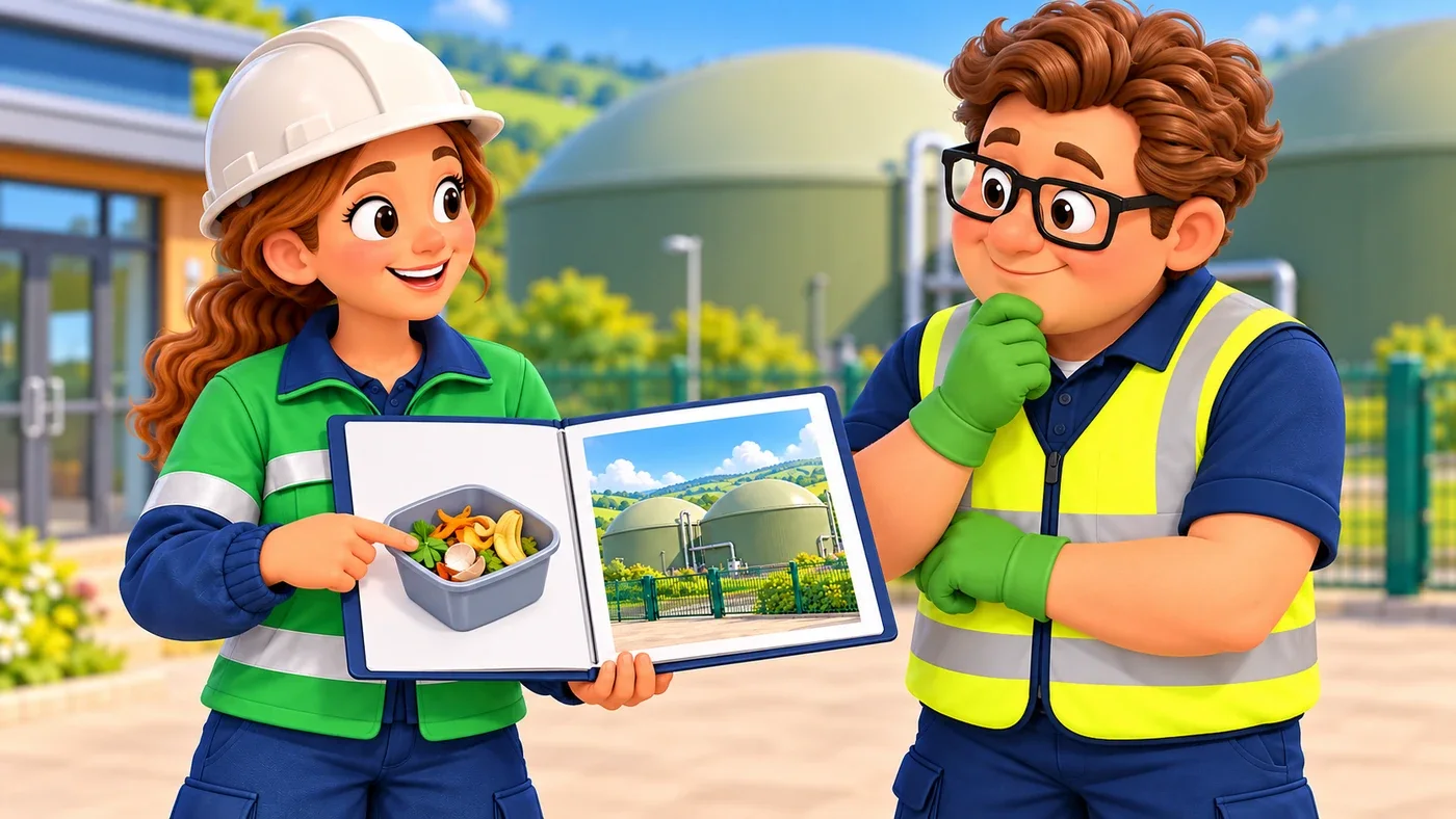 On the bio plant visitor terrace, Amina points to separate pictures of food peelings and a sealed processing plant while Eddie listens.