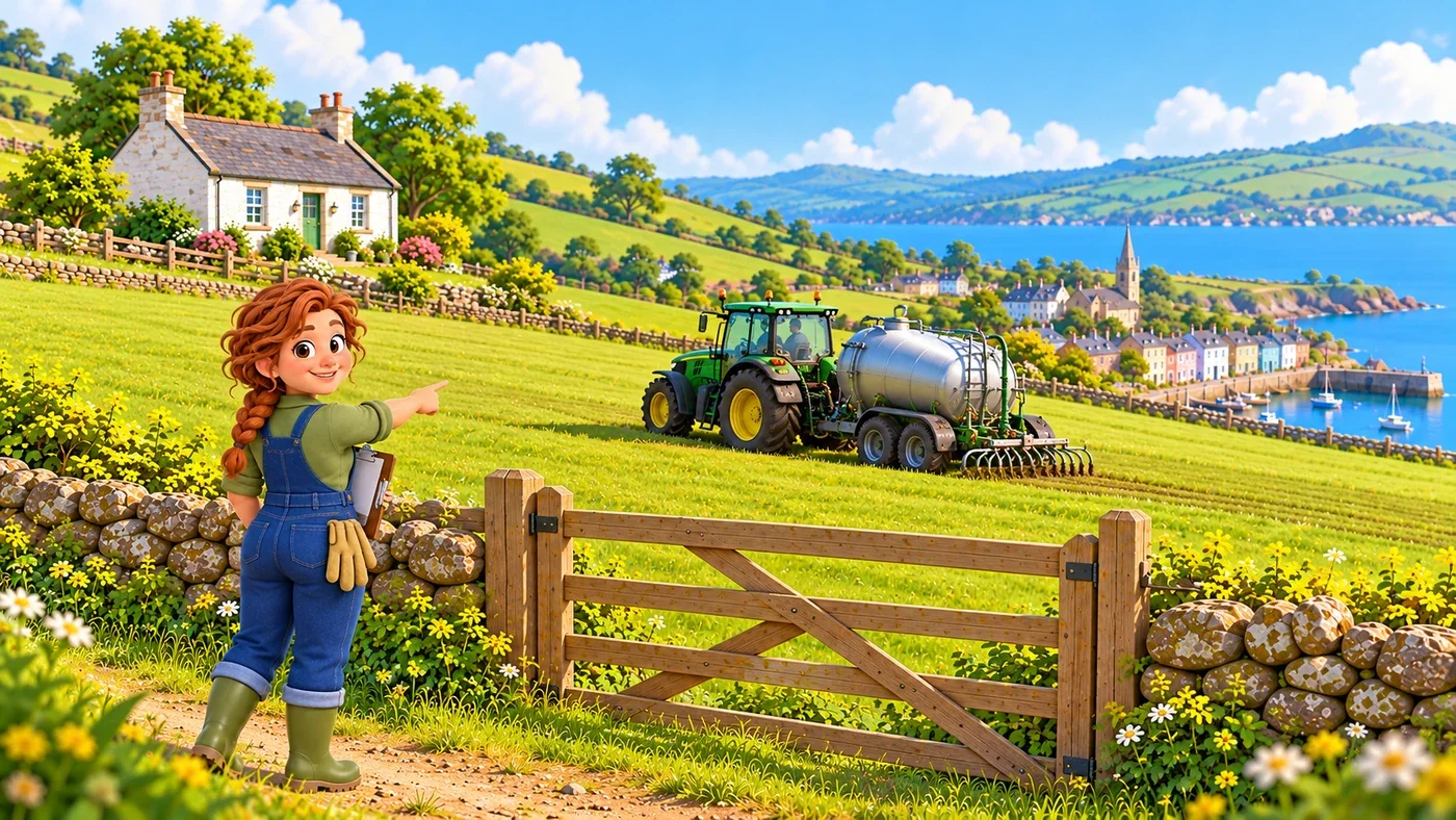 Fiona stands outside a closed gate while a professional driver works a sealed tanker in a field with no animals in it.
