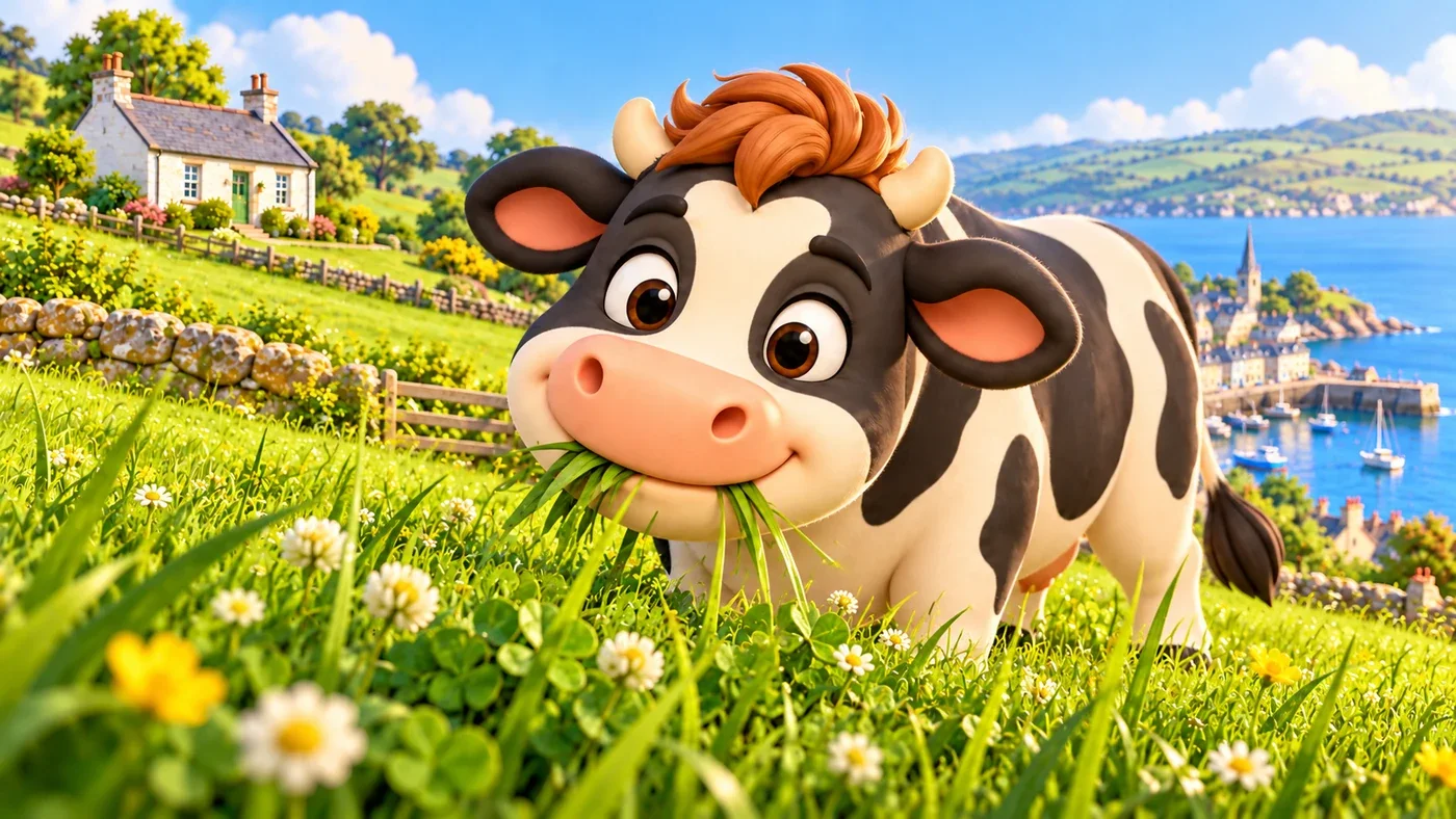Hamish contentedly chews grass in a later, ready pasture.