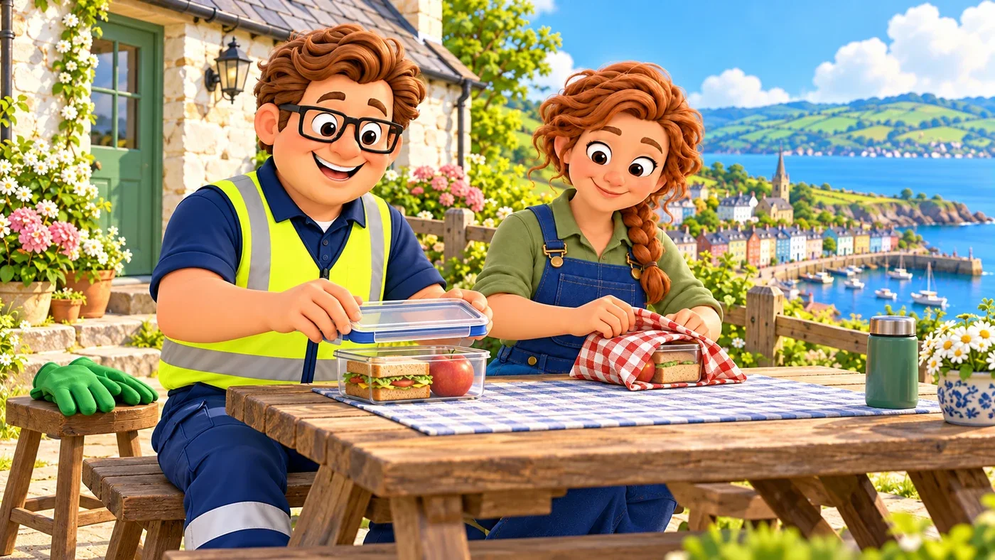 Eddie and Fiona put good lunch portions for people into reusable containers, with their work gloves set aside on a stool.