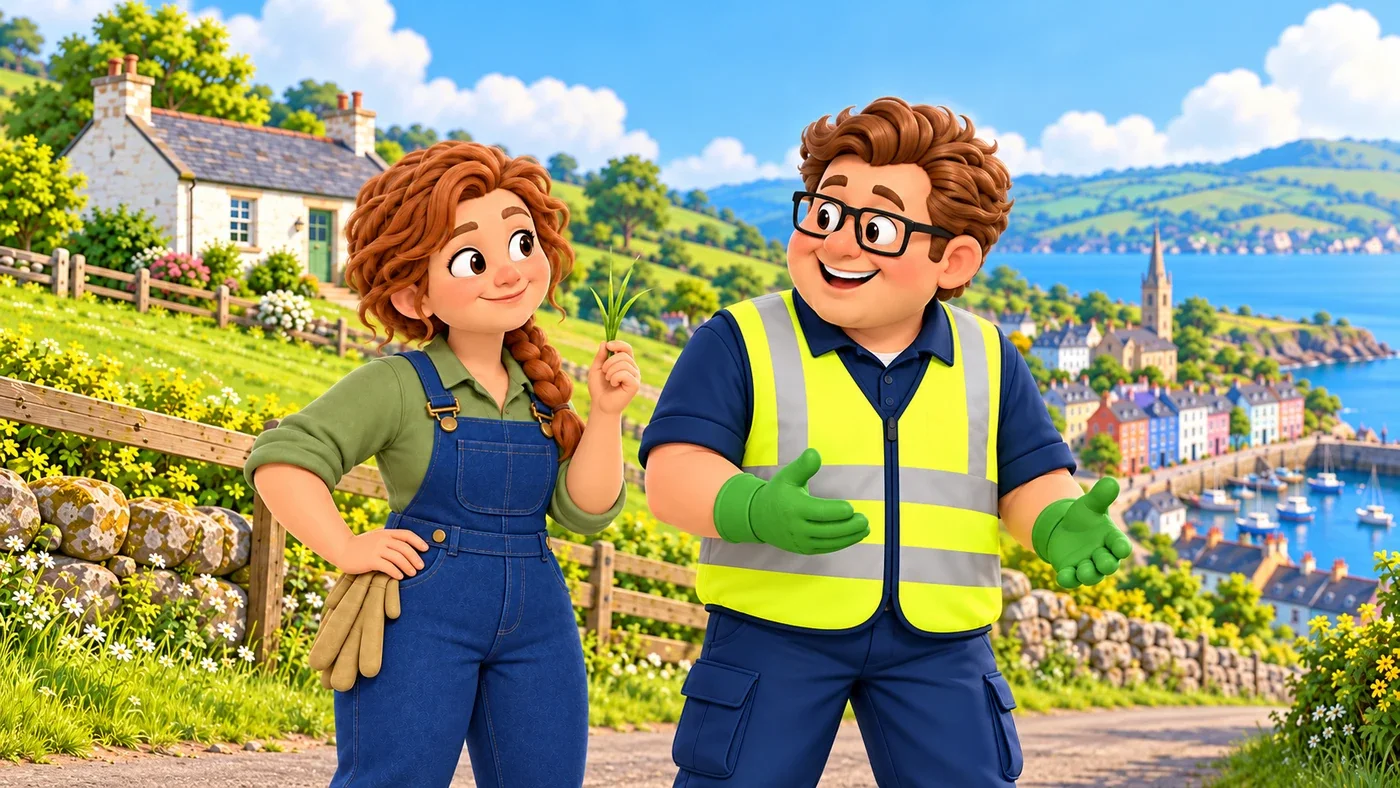 Fiona smiles and holds up one small sprig of grass while Eddie, still mid-gesture, listens.