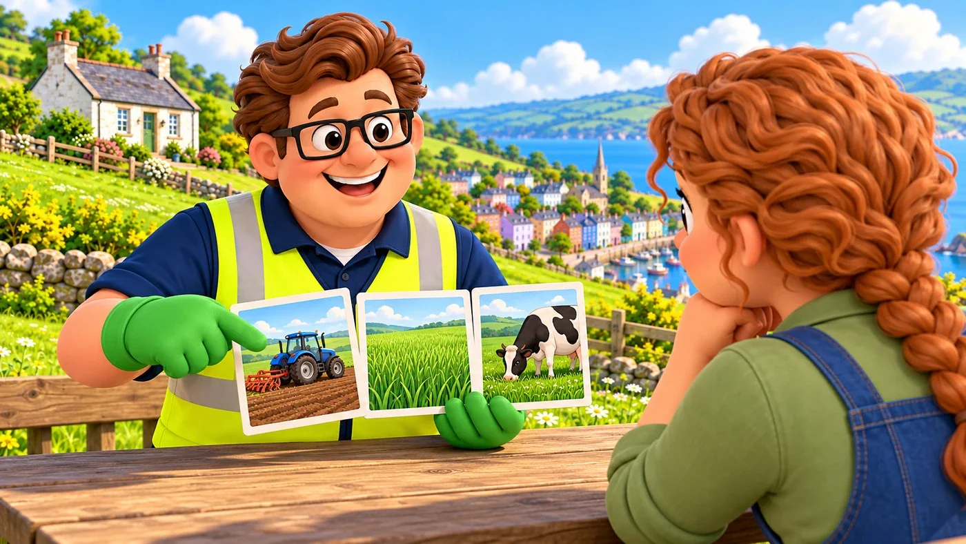 Eddie shows Fiona three picture cards in turn: a tractor working in a field, tall growing grass, and a cow grazing.