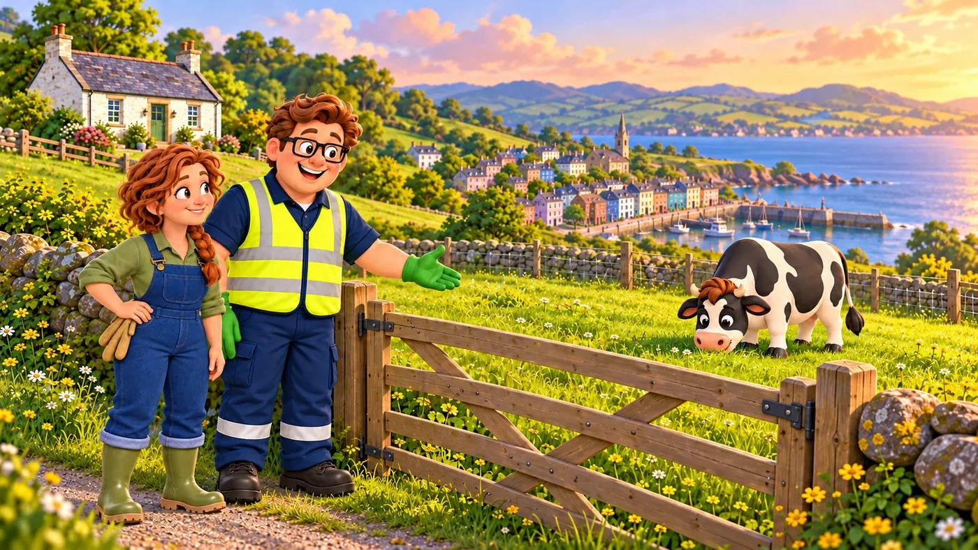 Eddie laughs kindly with Fiona outside the closed gate while Hamish grazes behind the fence.